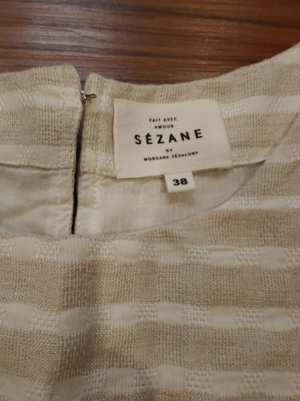 Sezane Cream and White Striped Mini Dress with Button-Shoulder - Picture 2 of 9
